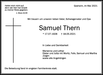 Anzeige von Samuel Thern von Schwäbische Zeitung