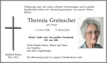 Anzeige von Theresia Greinacher von Schwäbische Zeitung