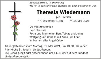 Anzeige von Theresia Wiedemann von Schwäbische Zeitung