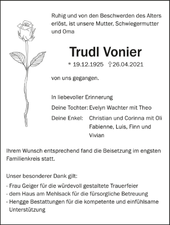 Anzeige von Trudl Vonier von Schwäbische Zeitung
