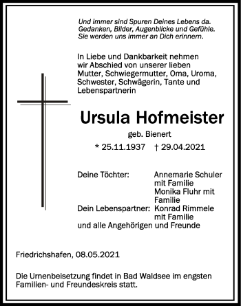 Anzeige von Ursula Hofmeister von Schwäbische Zeitung