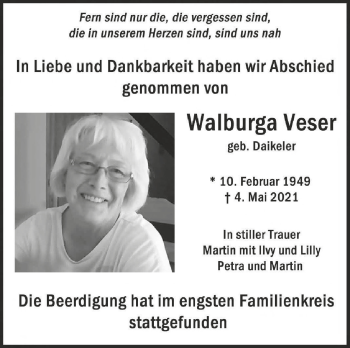 Anzeige von Walburga Veser von Schwäbische Zeitung