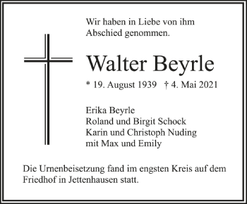 Anzeige von Walter Beyrle von Schwäbische Zeitung