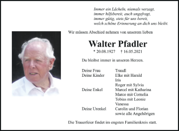 Anzeige von Walter Pfadler von Schwäbische Zeitung
