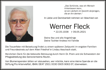 Anzeige von Werner Fleck von Schwäbische Zeitung
