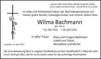 Anzeige von Wilma Bachmann von Schwäbische Zeitung