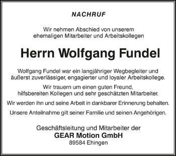 Anzeige von Wofgang Fundel von Schwäbische Zeitung