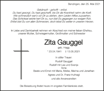 Anzeige von Zita Gauggel von Schwäbische Zeitung