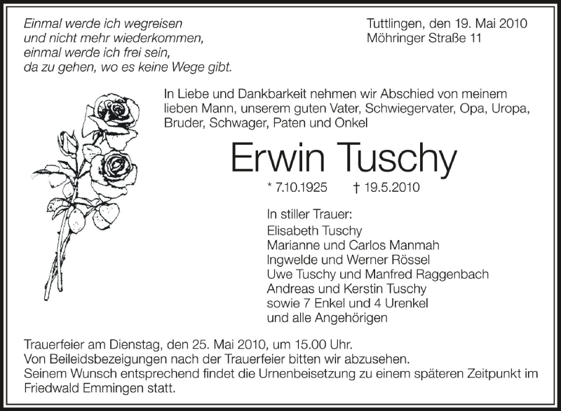  Traueranzeige für Erwin Tuschy vom 01.06.2021 aus Schwäbische Zeitung