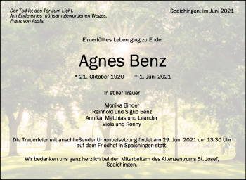 Anzeige von Agnes Benz von Schwäbische Zeitung