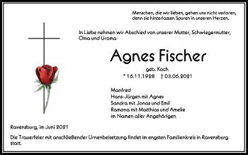 Anzeige von Agnes Fischer von Schwäbische Zeitung