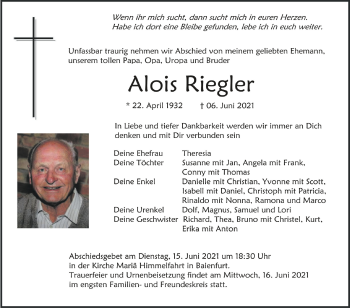 Anzeige von Alois Riegler von Schwäbische Zeitung