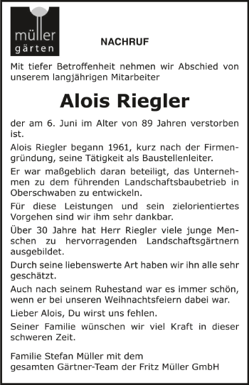 Anzeige von Alois Riegler von Schwäbische Zeitung
