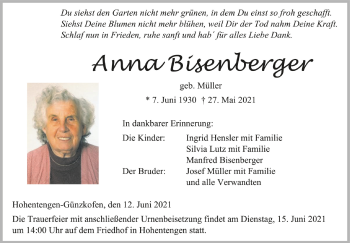 Anzeige von Anna Bisenberger von Schwäbische Zeitung