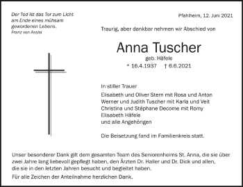 Anzeige von Anna Tuscher von Schwäbische Zeitung