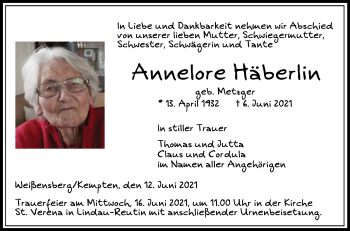 Anzeige von Annelore Häberlin von Schwäbische Zeitung