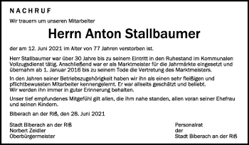 Anzeige von Anton Stallbaumer von Schwäbische Zeitung