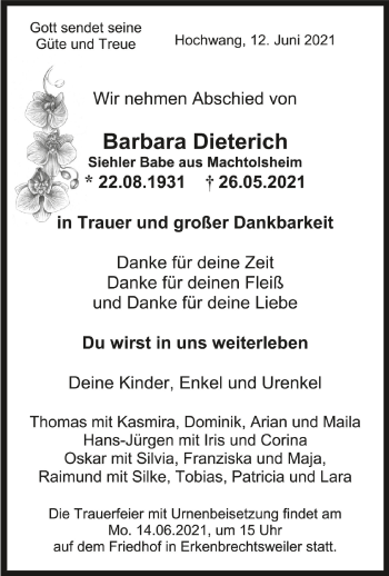 Anzeige von Barbara Dieterich von Schwäbische Zeitung