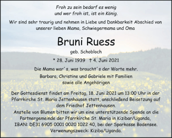 Anzeige von Bruni Ruess von Schwäbische Zeitung