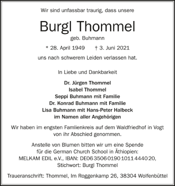 Anzeige von Burgl Thommel von Schwäbische Zeitung