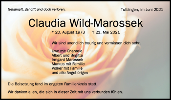 Anzeige von Claudia Wild-Marossek von Schwäbische Zeitung