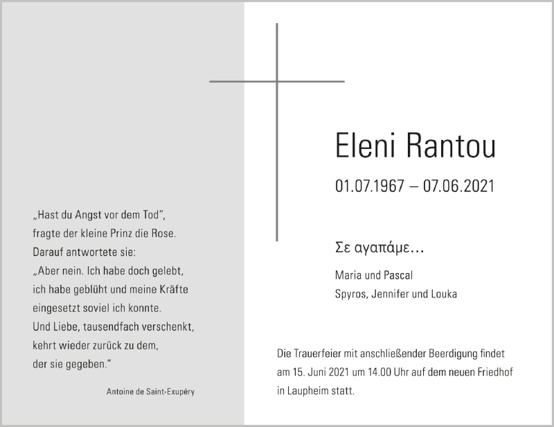  Traueranzeige für Eleni Rantou vom 12.06.2021 aus Schwäbische Zeitung