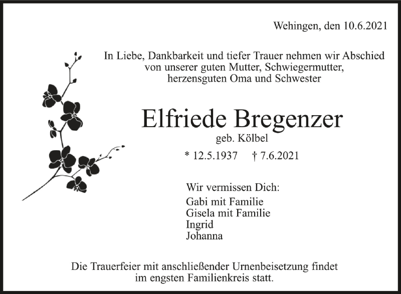 Traueranzeige für Elfriede Bregenzer vom 10.06.2021 aus Schwäbische Zeitung