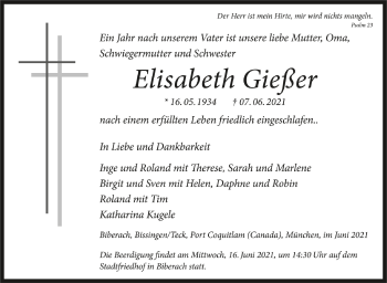 Anzeige von Elisabeth Gießer von Schwäbische Zeitung