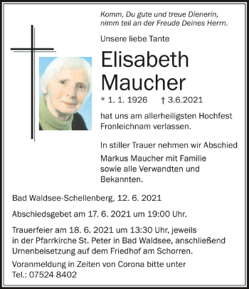 Anzeige von Elisabeth Maucher von Schwäbische Zeitung