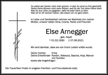 Anzeige von Else Arnegger von Schwäbische Zeitung