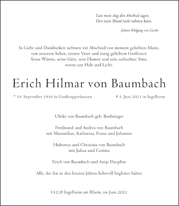 Anzeige von Erich Hilmar von Baumbach von Schwäbische Zeitung