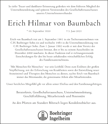 Anzeige von Erich Hilmar von Baumbach von Schwäbische Zeitung