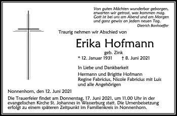 Anzeige von Erika Hofmann von Schwäbische Zeitung