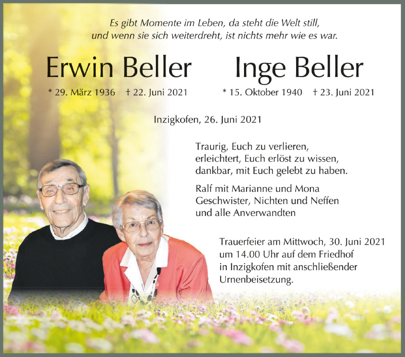 Traueranzeigen Von Erwin Und Inge Beller Schwaebische De Trauerportal