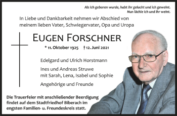 Anzeige von Eugen Forschner von Schwäbische Zeitung