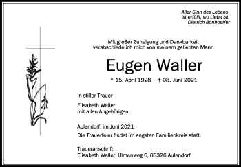 Anzeige von Eugen Waller von Schwäbische Zeitung