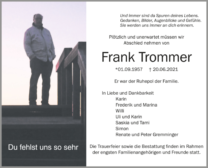  Traueranzeige für Frank Trommer vom 26.06.2021 aus Schwäbische Zeitung