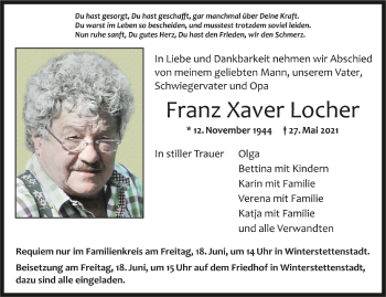 Anzeige von Franz Xaver Locher von Schwäbische Zeitung