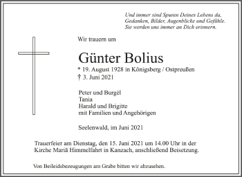 Anzeige von Günter Bolius von Schwäbische Zeitung