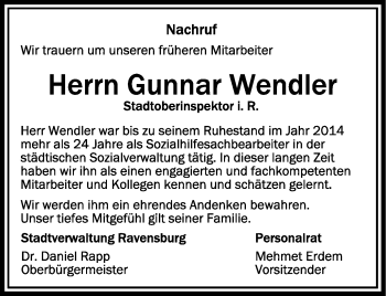 Anzeige von Gunnar Wendler von Schwäbische Zeitung