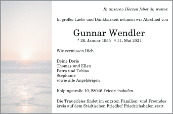 Anzeige von Gunnar Wendler von Schwäbische Zeitung