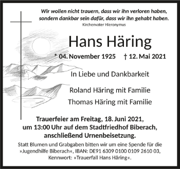 Anzeige von Hans Häring von Schwäbische Zeitung
