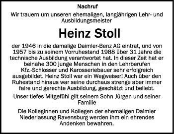 Anzeige von Heinz Stoll von Schwäbische Zeitung