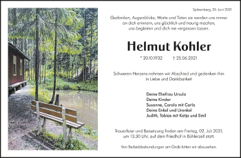Anzeige von Helmut Kohler von Schwäbische Zeitung
