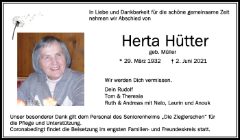 Anzeige von Herta Hütter von Schwäbische Zeitung