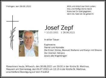 Anzeige von Josef Zepf von Schwäbische Zeitung