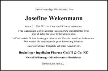 Anzeige von Josefine Wekenmann von Schwäbische Zeitung