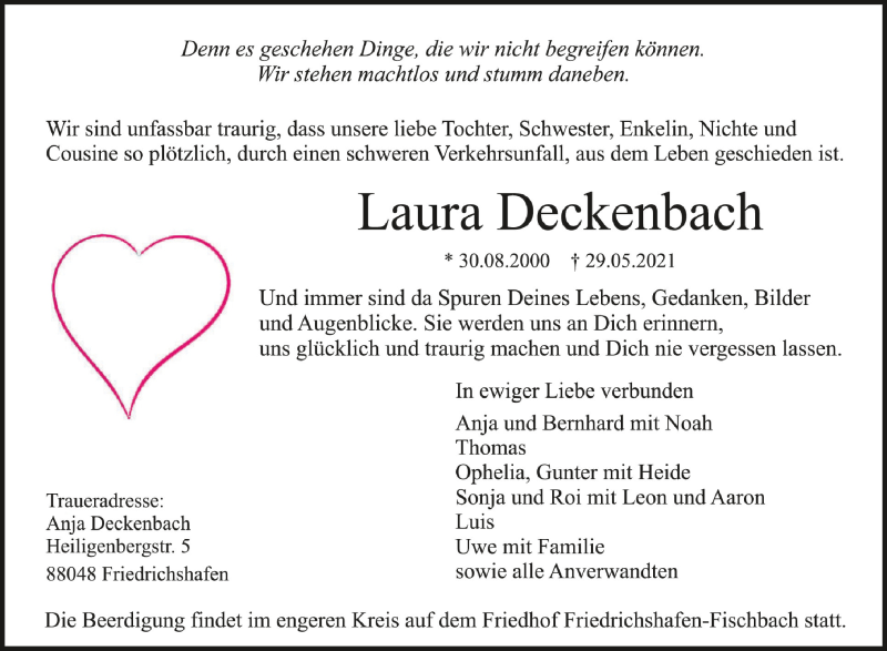  Traueranzeige für Laura Deckenbach vom 05.06.2021 aus Schwäbische Zeitung