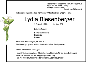 Anzeige von Lydia Biesenberger von Schwäbische Zeitung