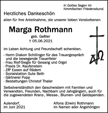 Anzeige von Marga Rothmann von Schwäbische Zeitung